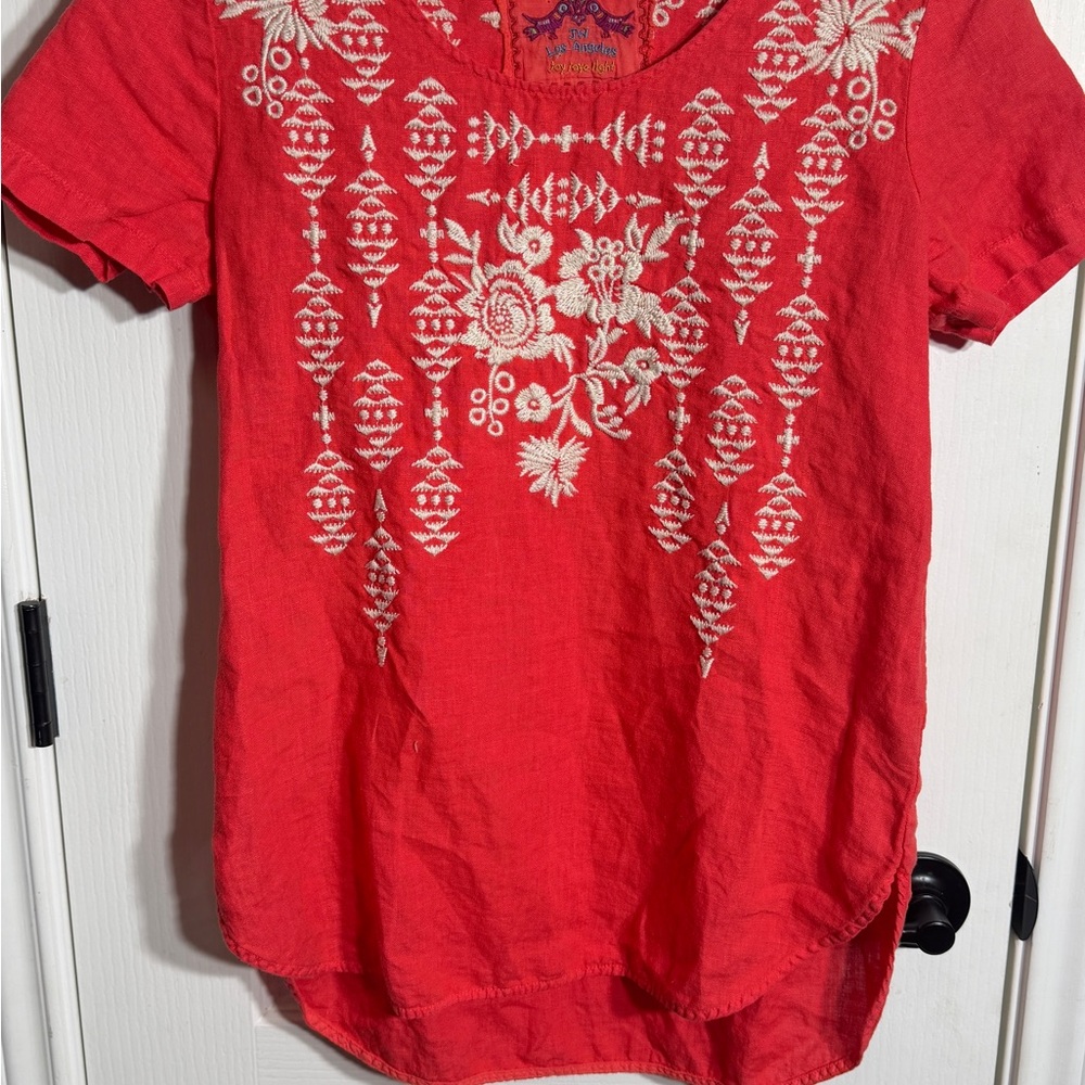 Johnny Was JW Los Angeles Joy Joy Orange Embroidered Tunic Top Boho